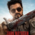 Thalapathy Vijay in a fierce police avatar holding a blood-stained sword in the official poster of his final film “Jana Nayagan,” releasing worldwide on January 9, 2026.