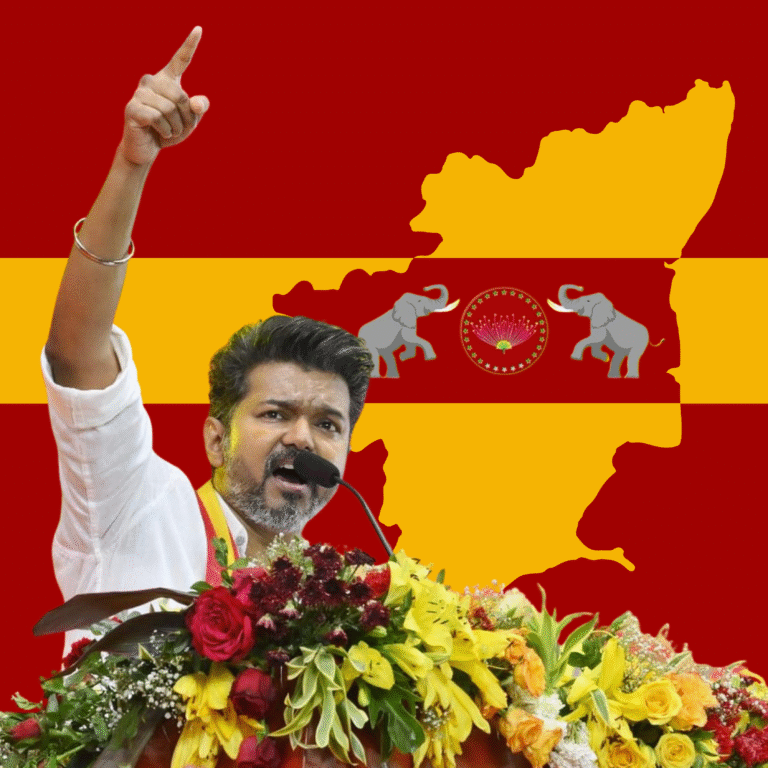Thalapathy Vijay takes a selfie in front of a massive crowd of supporters in the first look poster of his final film “Jana Nayagan”, directed by H. Vinoth and produced by KVN Productions.