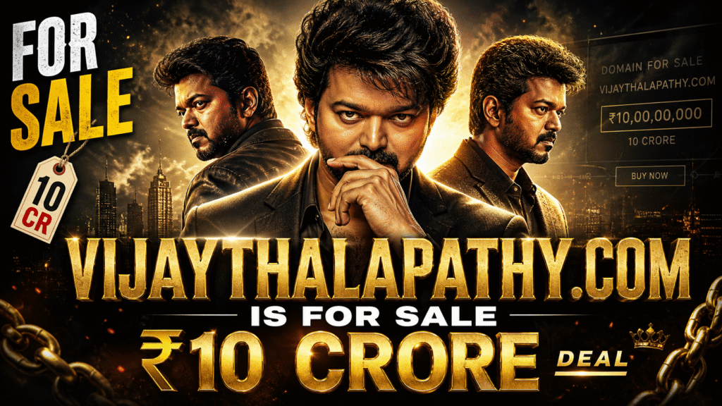 Cinematic YouTube thumbnail showing a dramatic gold-themed poster with a stylish man in multiple poses, bold text “VIJAYTHALAPATHY.COM IS FOR SALE ₹10 CRORE”, with smoke, sparks, and luxury lighting effects.